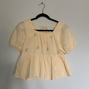 Yellow Puff Sleeve Blouse with Floral Embroidery